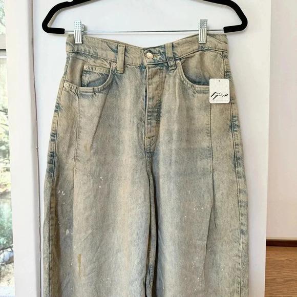 NWT Free People Old West Slouchy Jeans Wide Leg Denim We The Free Blue Tan 28 - Picture 4 of 17